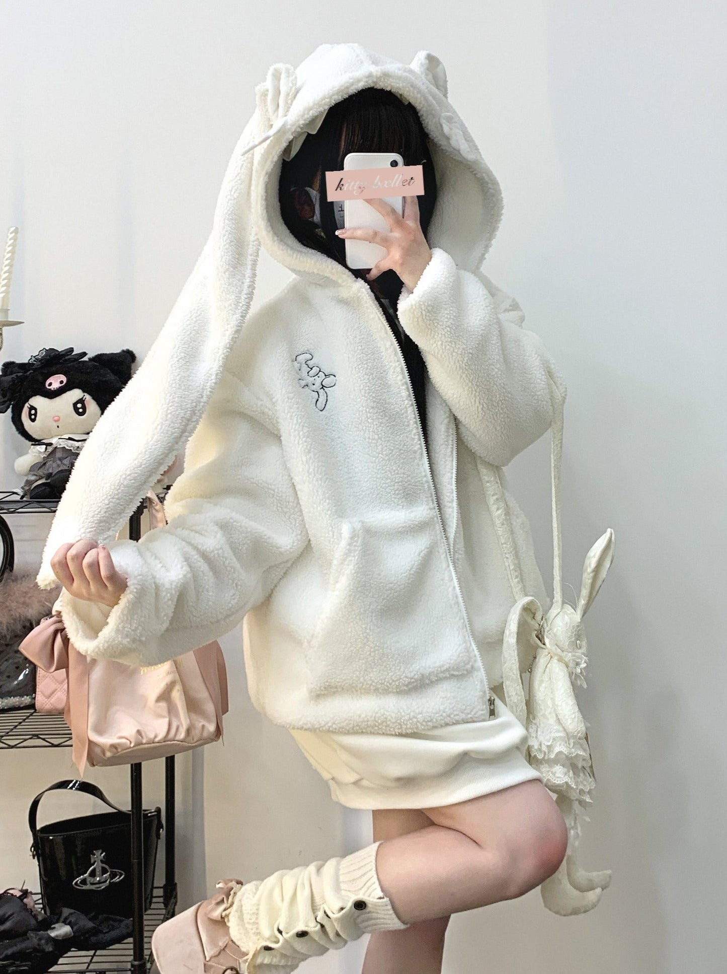 Veste zippée en peluche à oreilles de lapin gourmandes courtes/longues