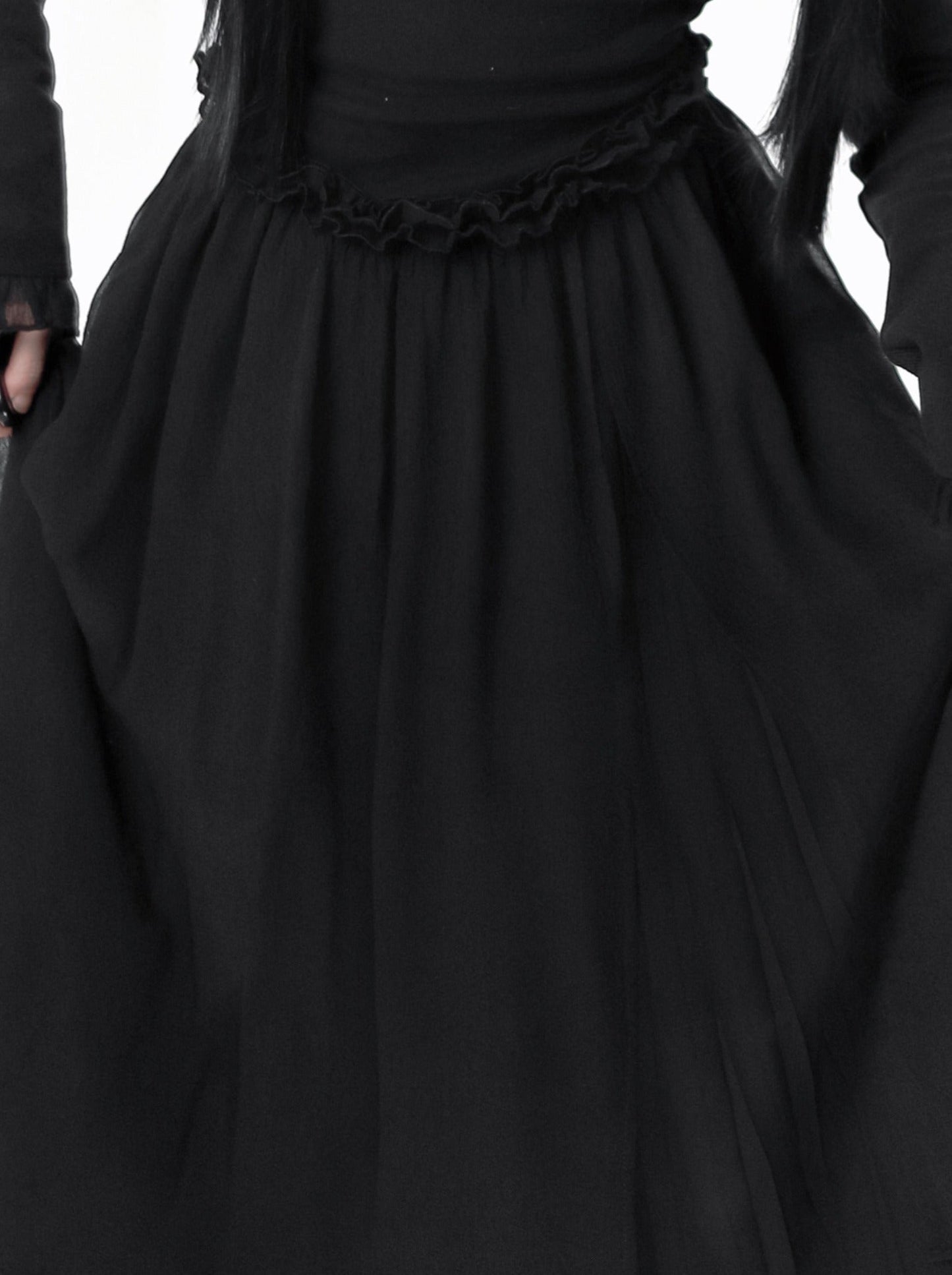 チャイナホイト ブラックニット スプリングウエスト フリル トゥルドレス