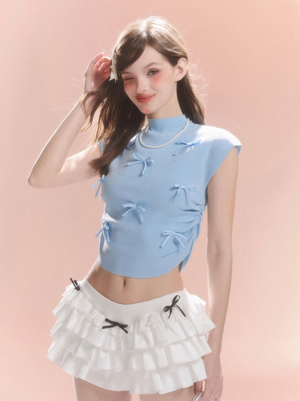 Short Collar Sweet Ribbon Top Little
