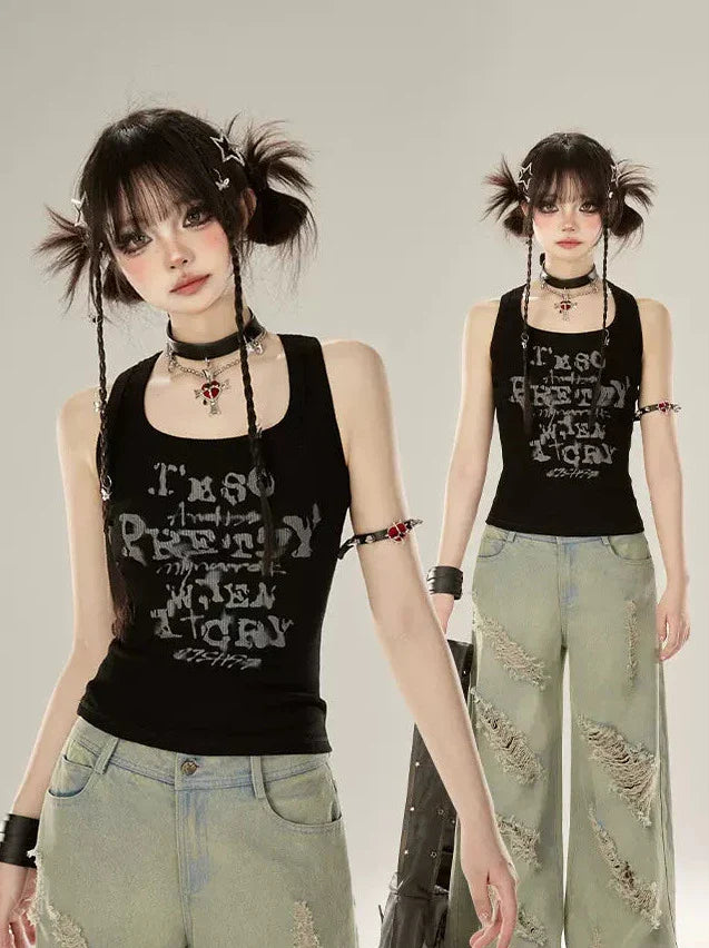 Tank Letter Black Top American Design Print