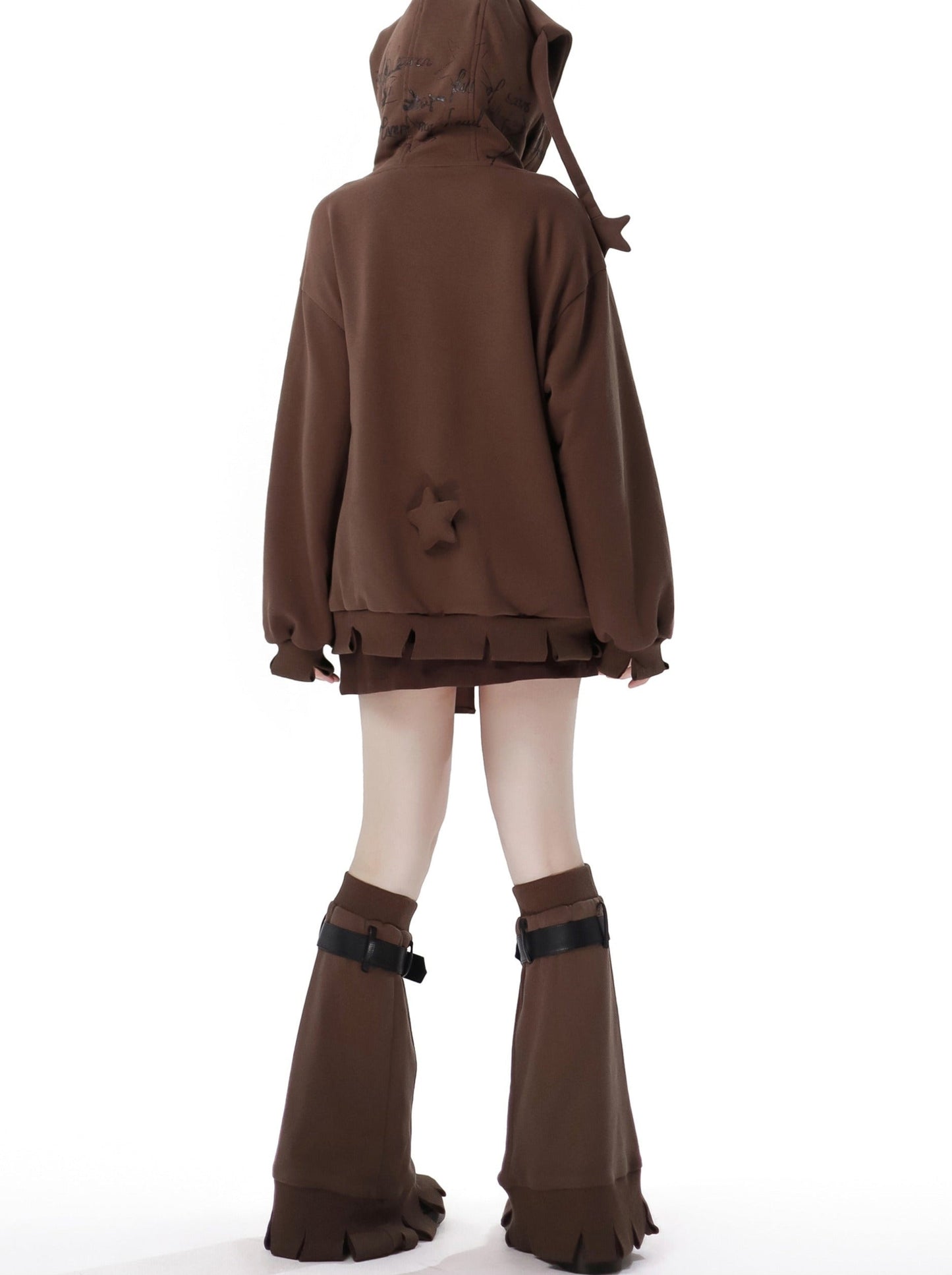 Star American Print Loose Zip Hoodie + Irregular Skirt + Leg Warmers
