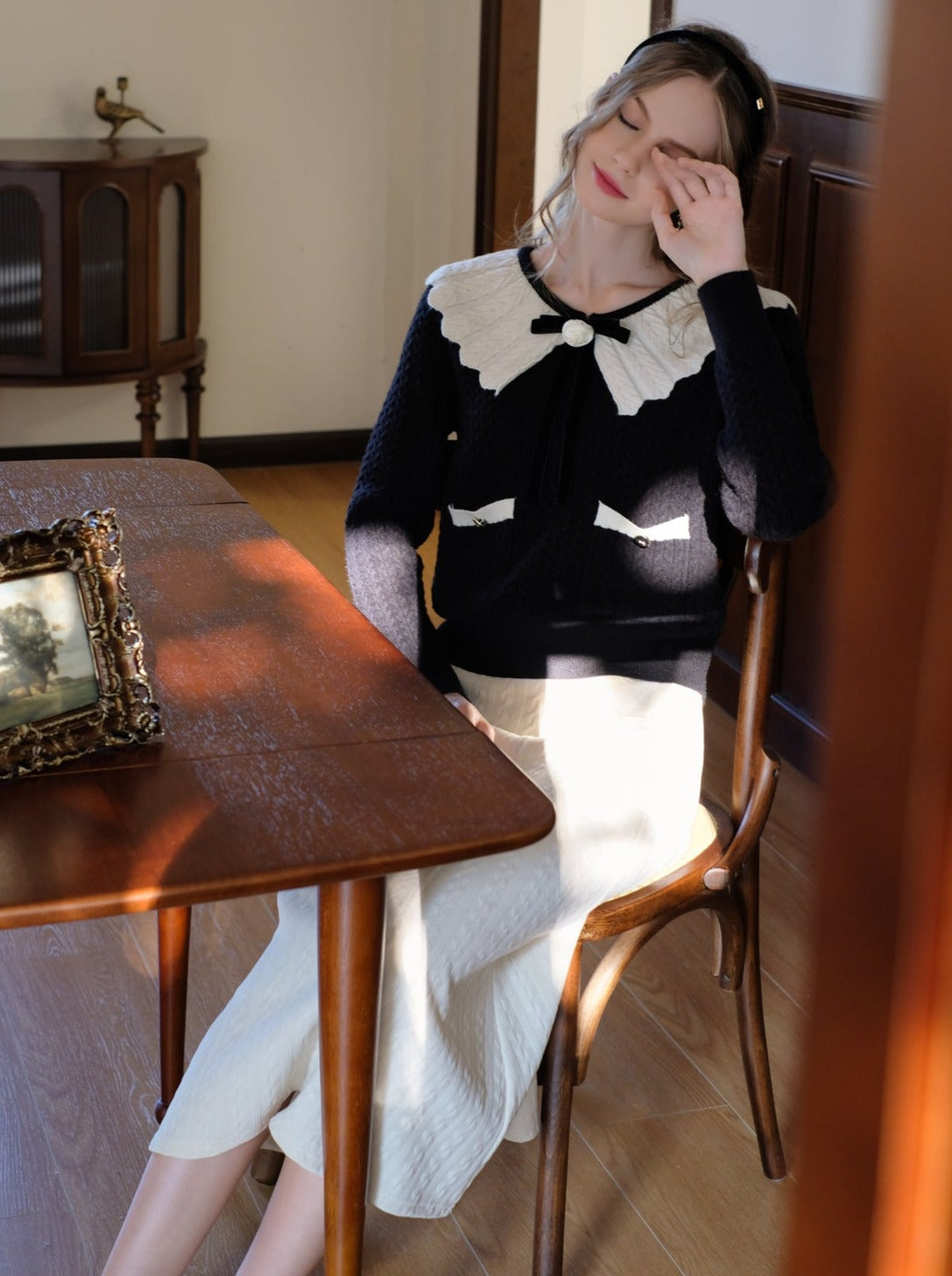 Sweater Block Web Ribbon Retro Lapel French Color Cardigan