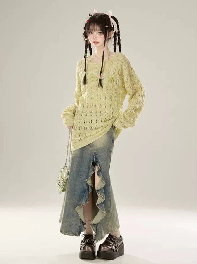 Skirt Slit Denim Frill Design