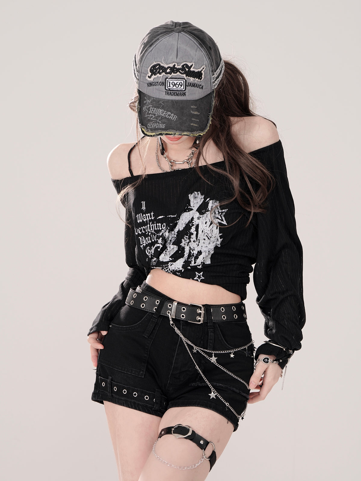 Printed Strap Loose Top Sheer Off-the-shoulder