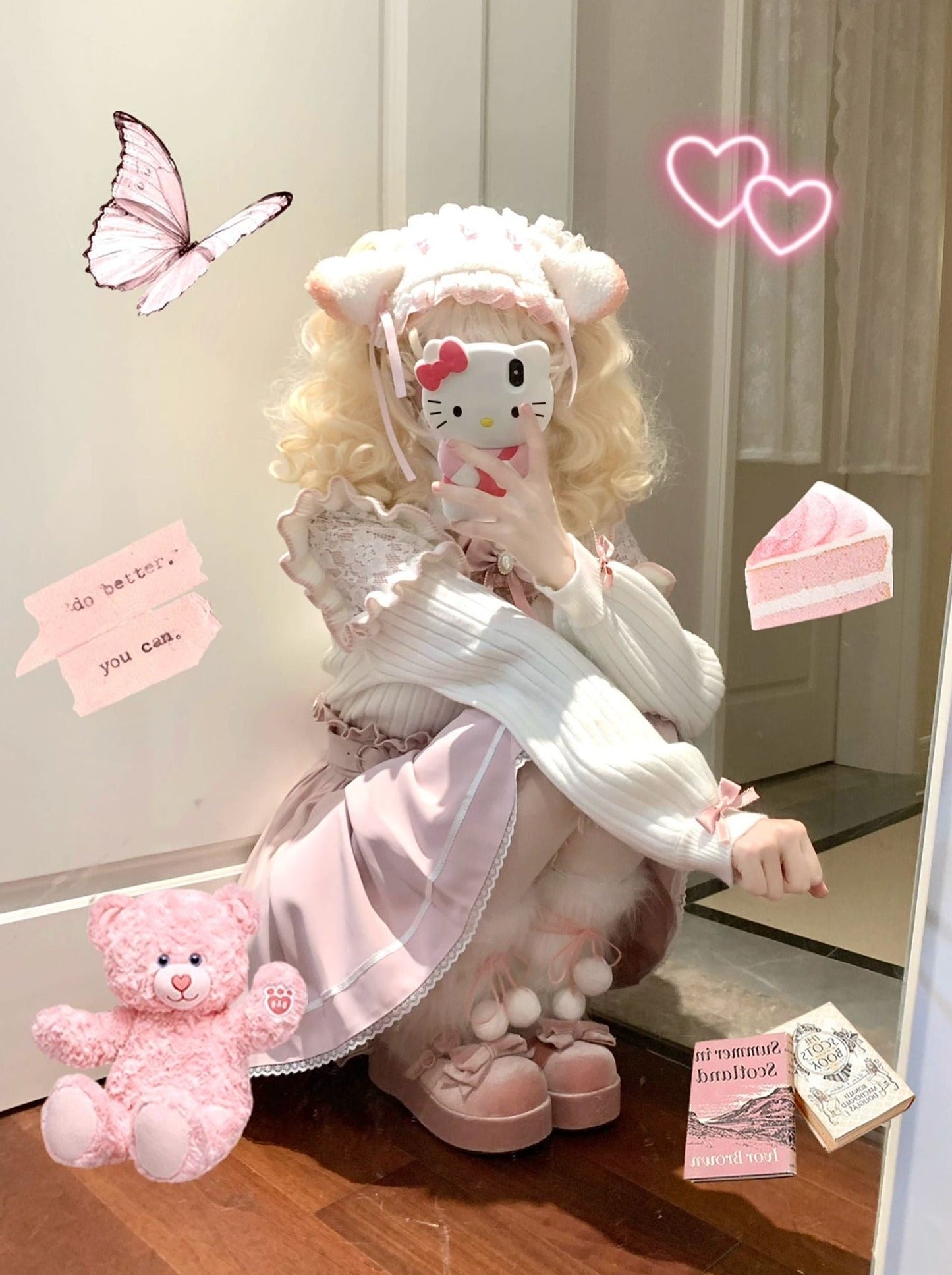 Turtle Neck Lace Frill Ribbon Knit + Nigh Waist Race Up Skirt