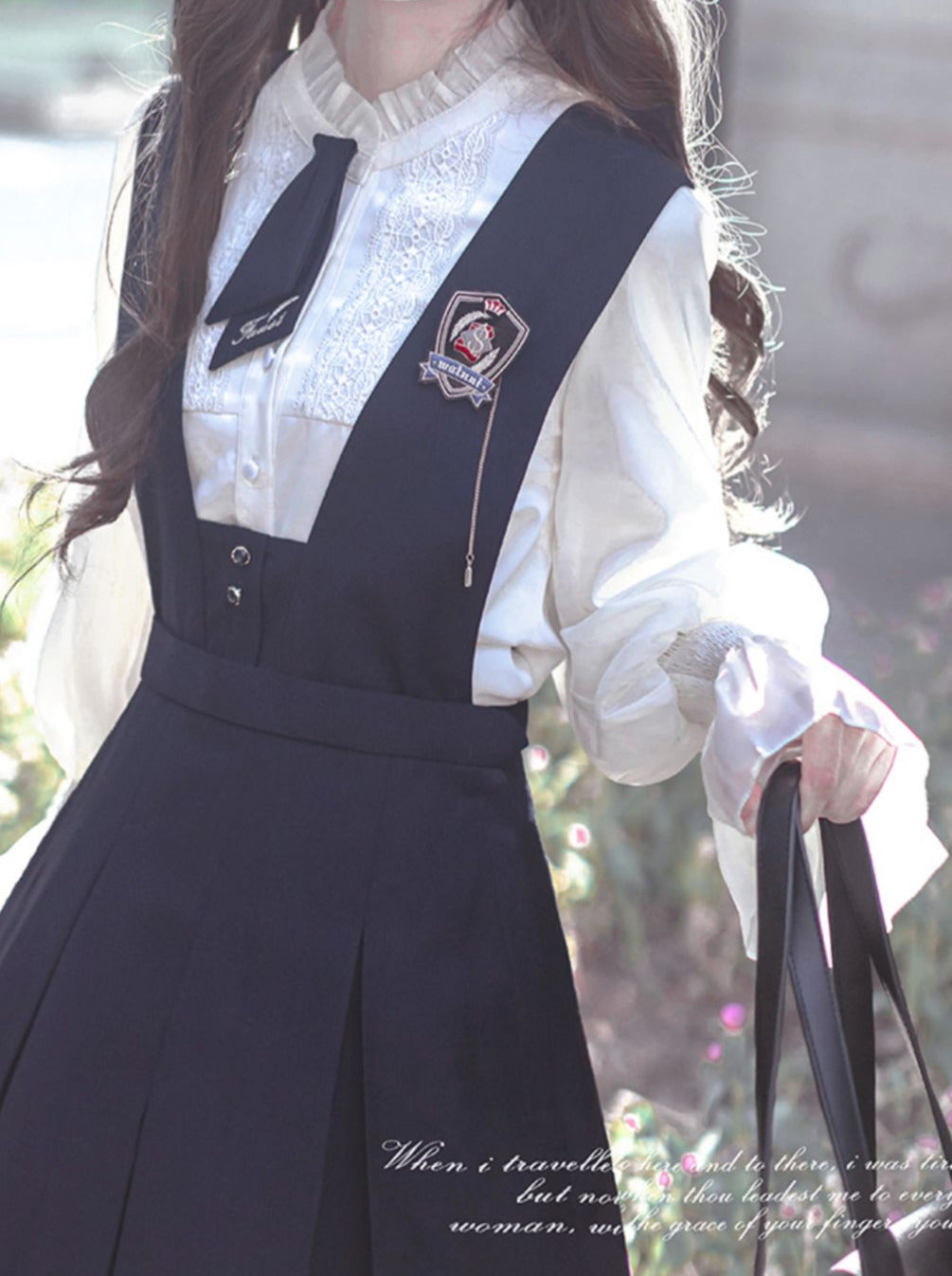 Dress Emblem + Tie + Blouse + Ruffle Retro College Beret Cyan Style Elegant Chiffon