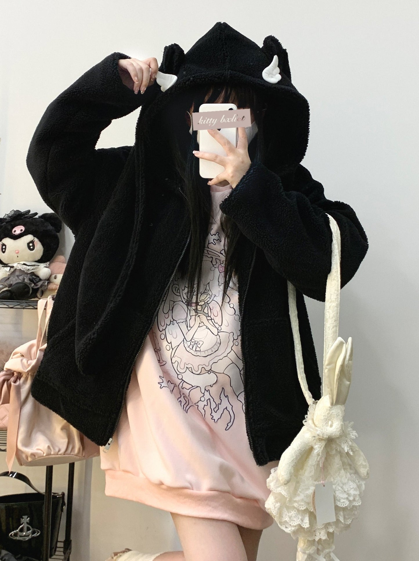 Veste zippée en peluche à oreilles de lapin gourmandes courtes/longues