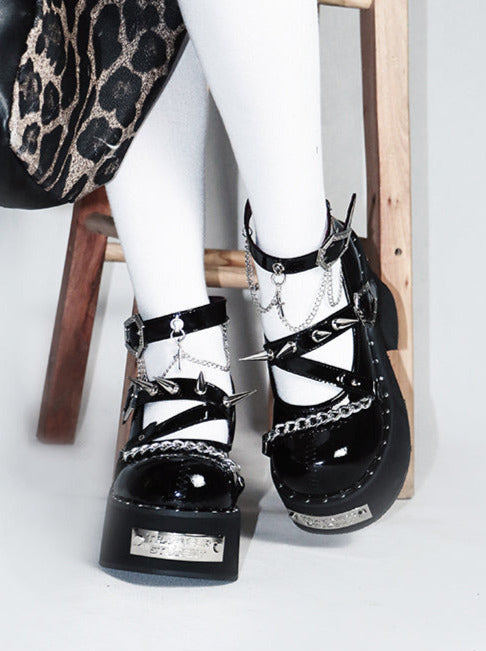 Witch Punk Round Shoes Rivet Dark Rose Platform Toe