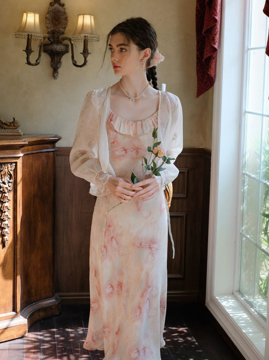 Long Suspender Dress Flower Blouse Cardigan + Sheer