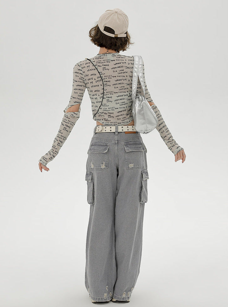 Sleeve Split Short Print Slim Top Letter