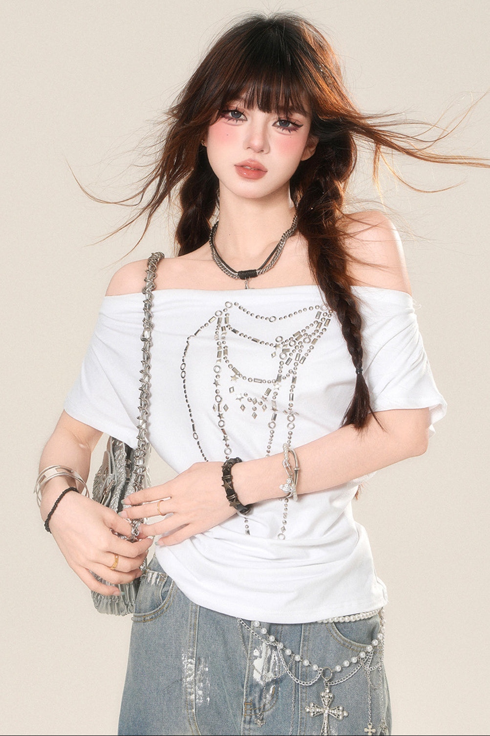 T-Shirt mit One-Shoulder-T-Shirt und Kordelzug