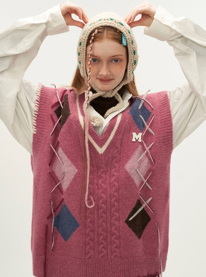Gilet à lacets en maille argyle