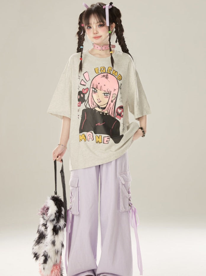 Round Loose Illustration Gray Neck Top Punk Girl