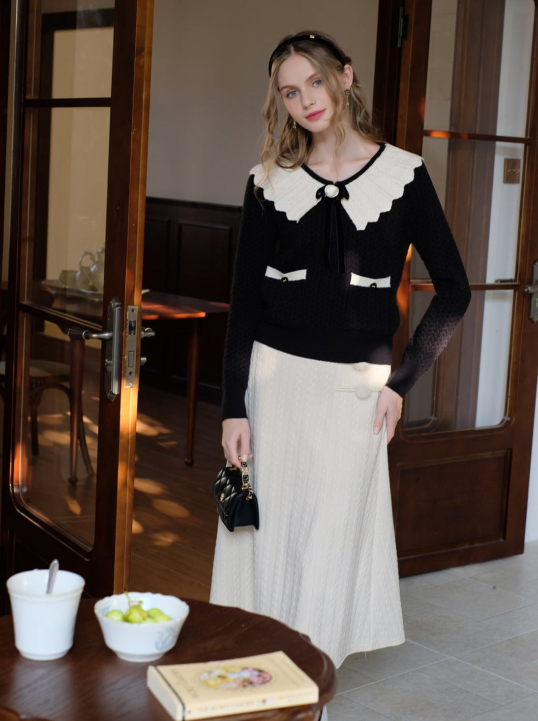 Sweater Block Web Ribbon Retro Lapel French Color Cardigan