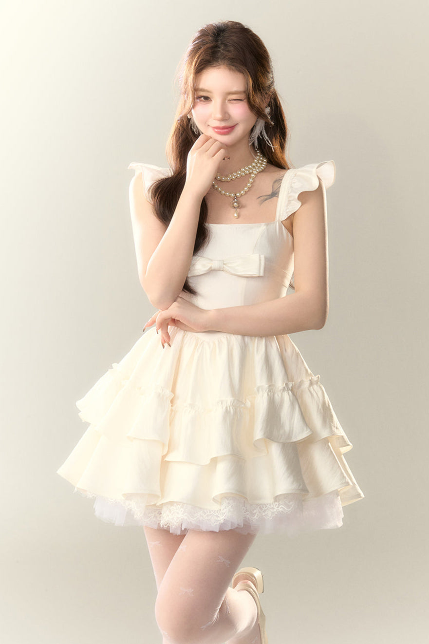Flying Cream Dress Lace Sleeve Shoe Puffy