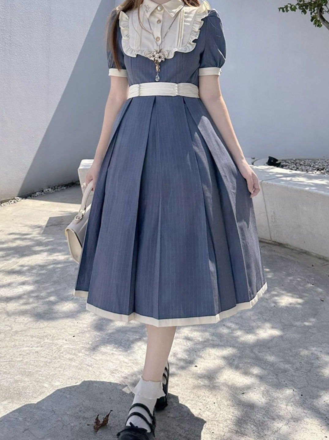 Summer Belt Waist + Collar Dress Ruffle White Retro