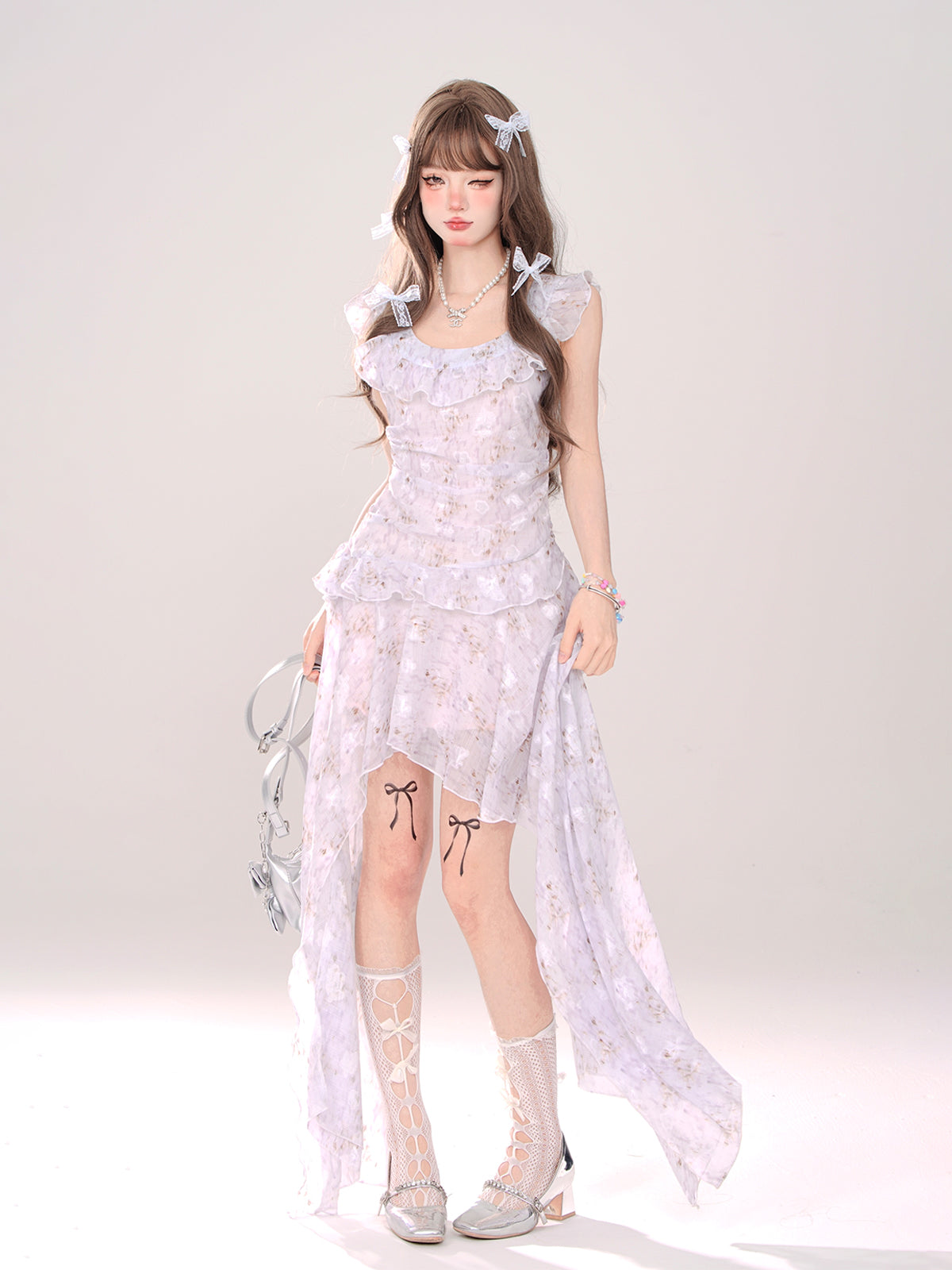 Sheer Floral Ruffle Sweet Dress Cardigan + Irregular Milky Long