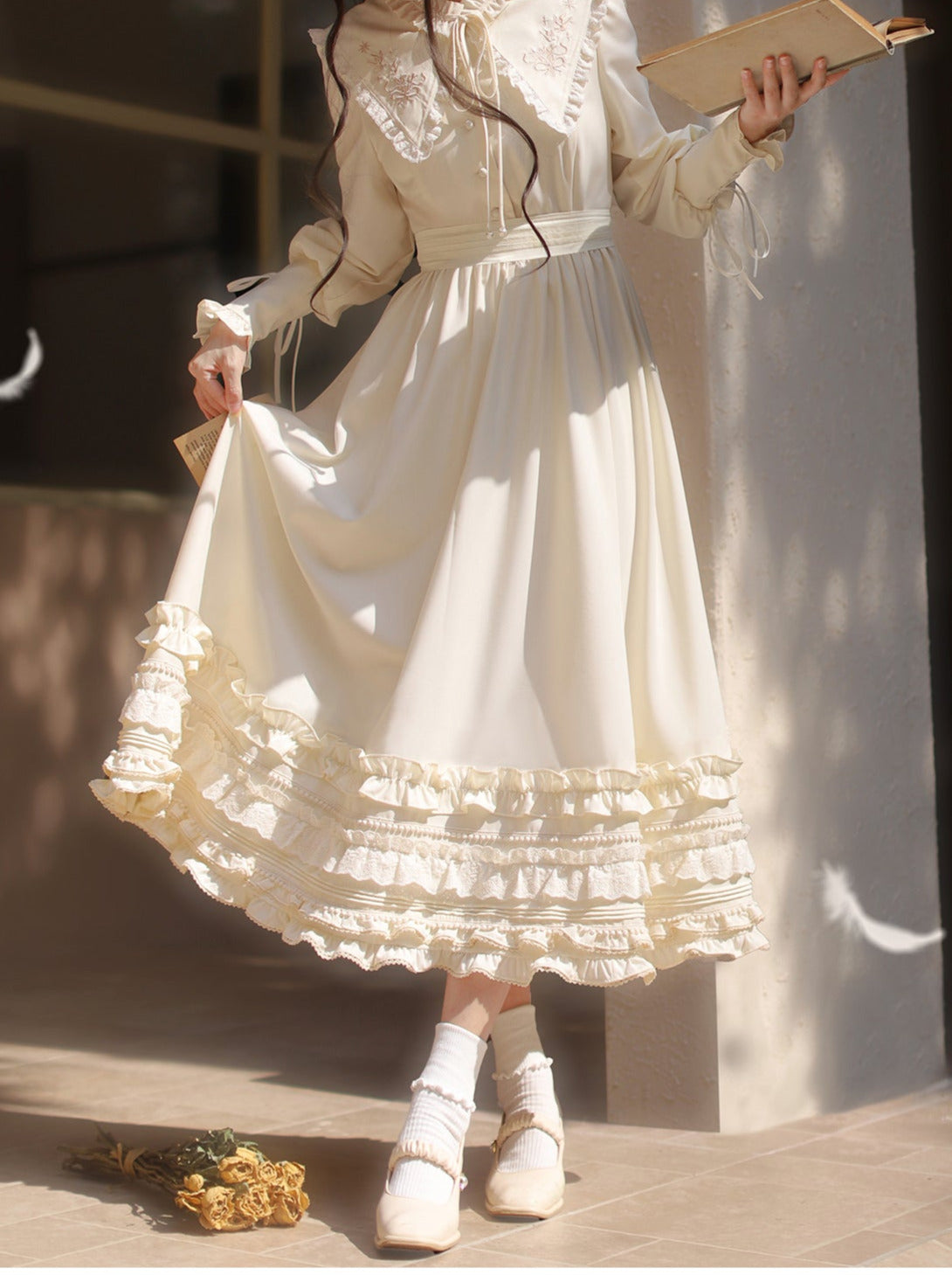 French Vintage Waist Dress Romantic Embroidery Ribbon