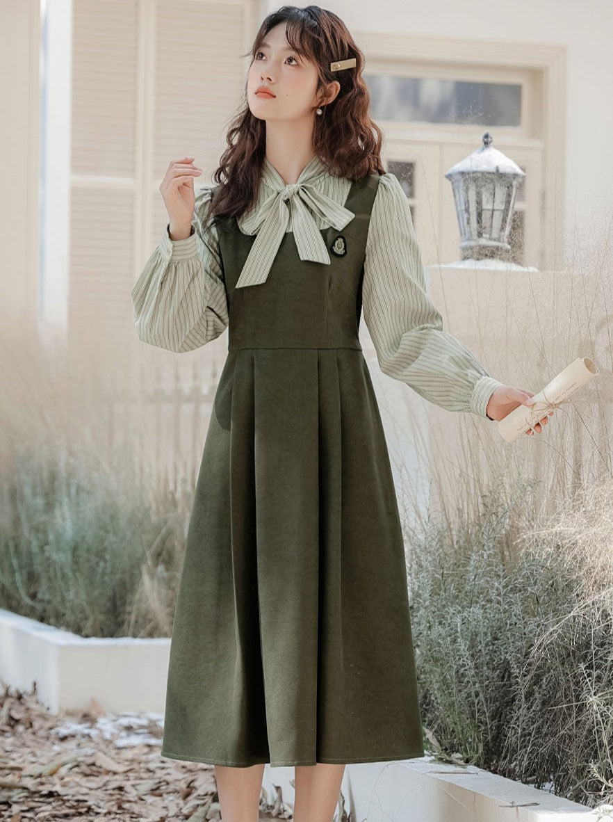 Striped Style Dress Splicing Faux College