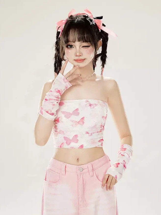 Butterfly + Top Arm Cover Tube Print Sleeves Mesh