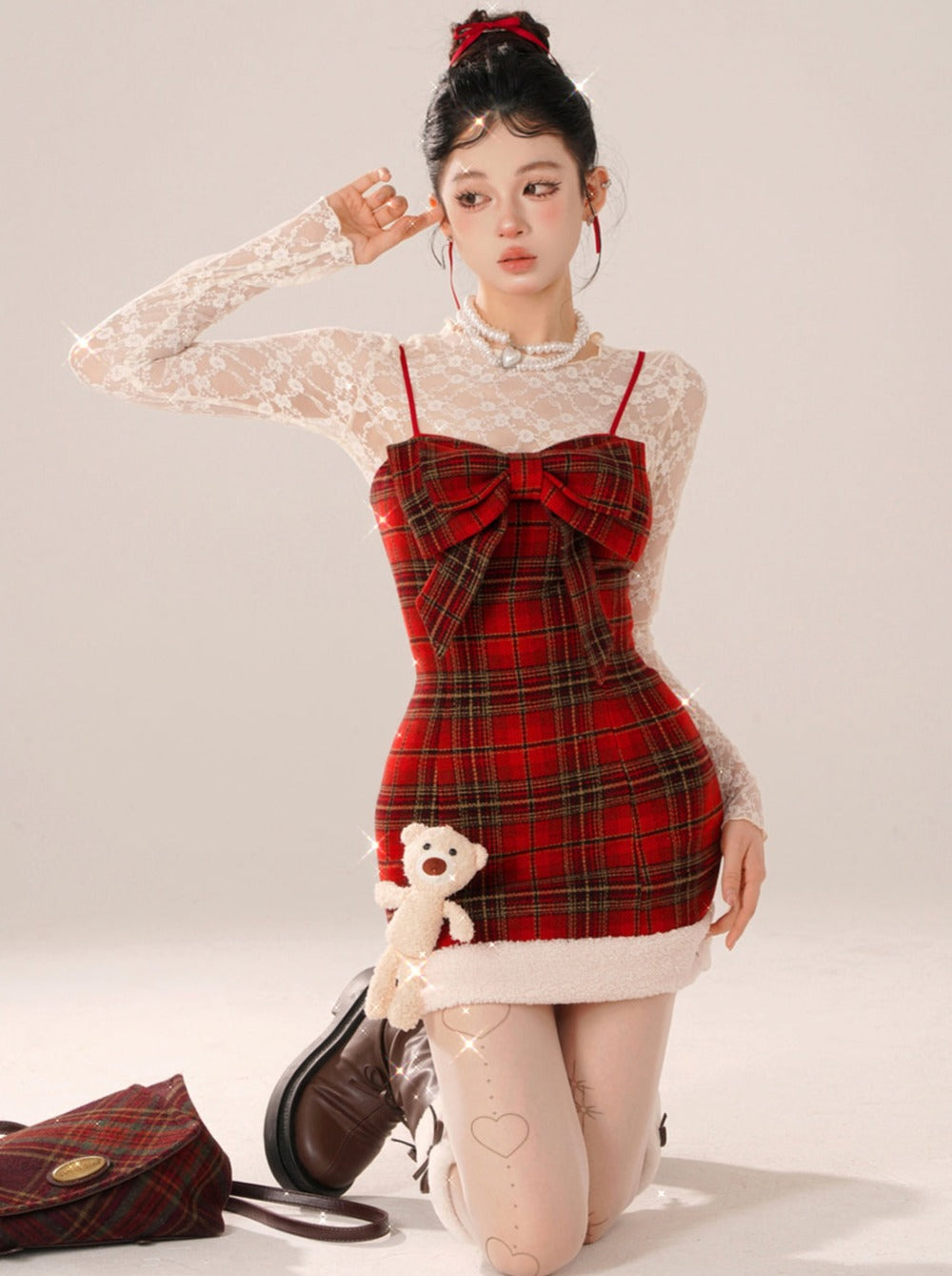 Bear Dress Suspender Red Collar Gummy Check + Tops Inner Lace