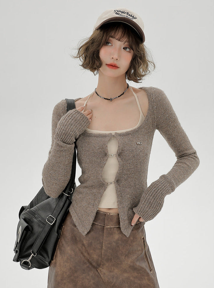 Cardigan Top Retro Suspender Slim Shiny American