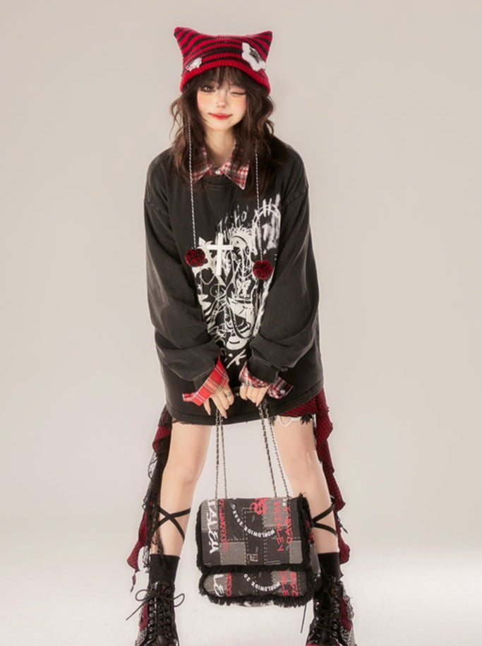 Printed Tops Neck Loose Round Dark