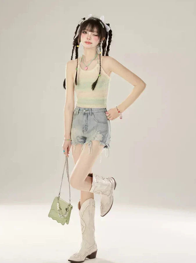 Damaged Fringe Low Denim Shorts