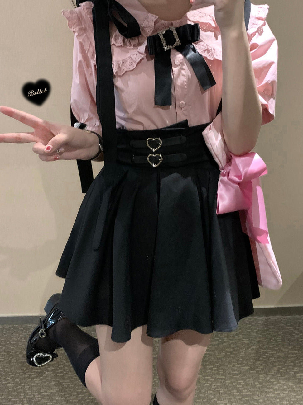 リボンショルダーレザーバックルサスペンダーカート