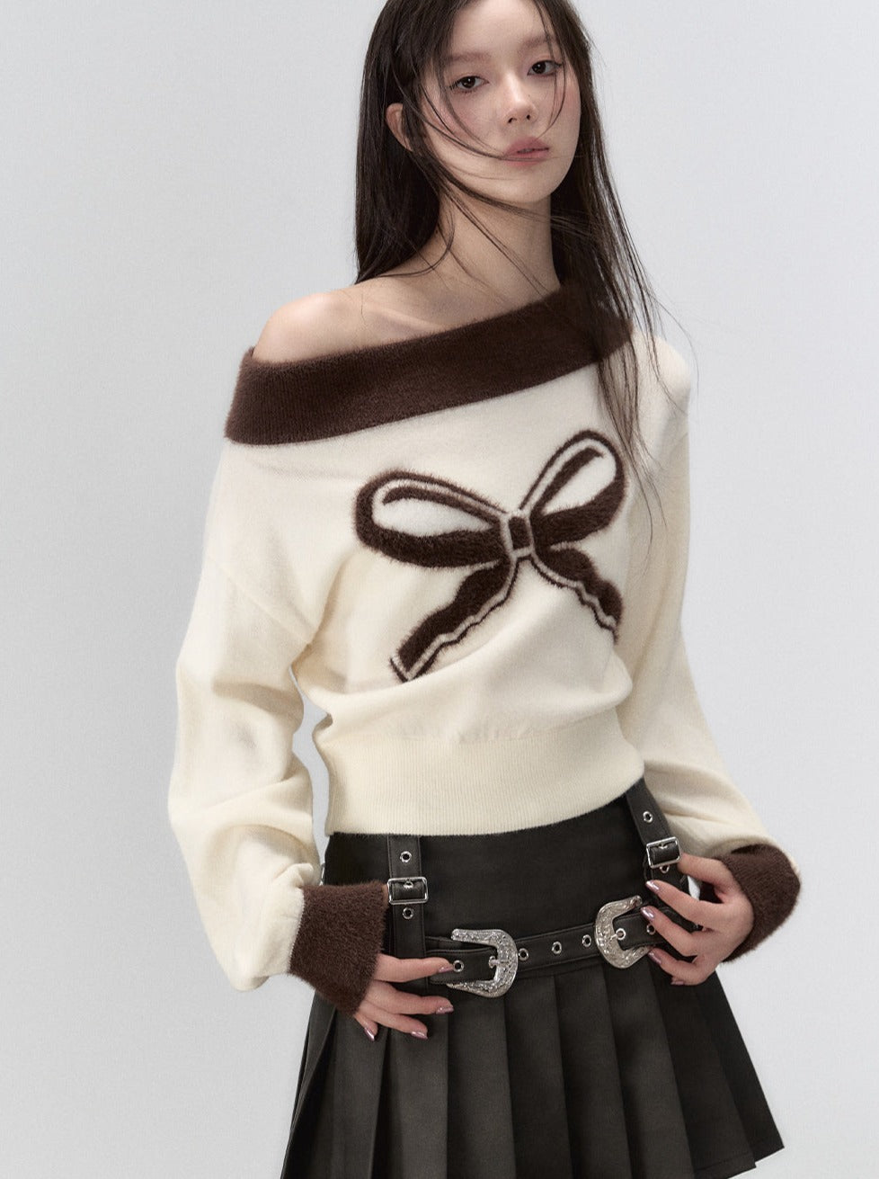One-shoulder Ribbon Knit Sweater