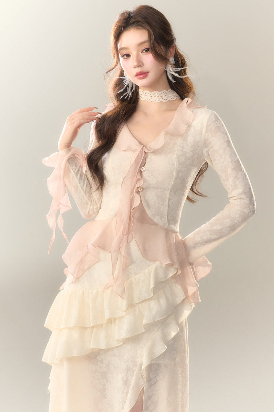 Top Sweet + Long Skirt Sheer Frilled