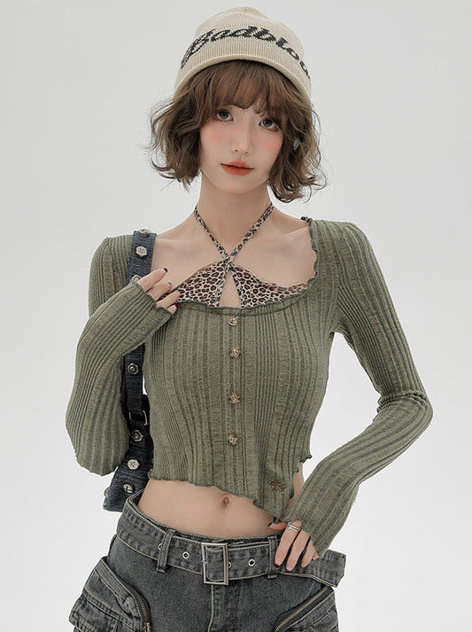 Piece Top Leopard Contrast Short Slim Two Color Neck Faux Halter