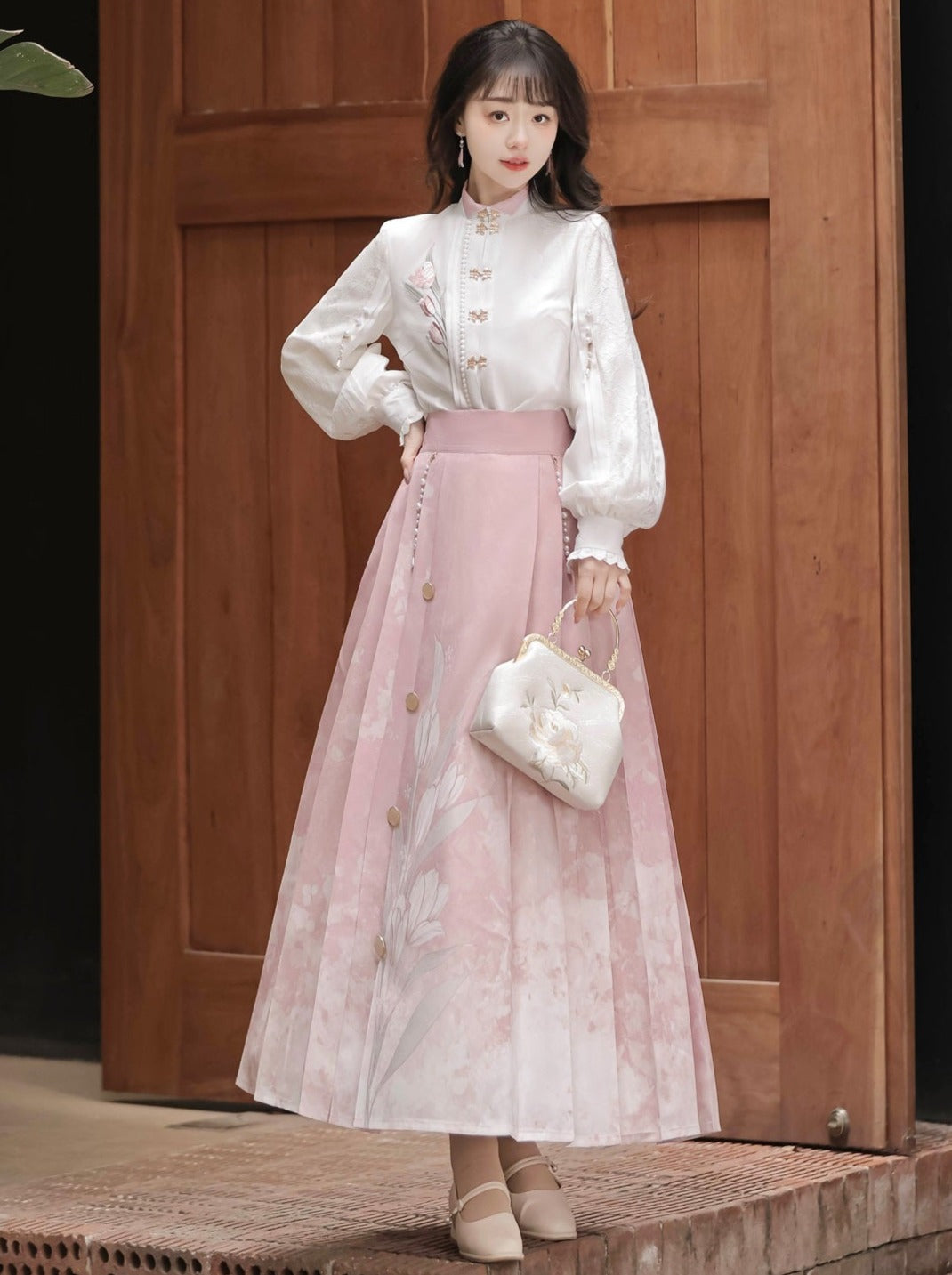 ブラウス プリーツショール リボンスカート チャイナ + スイートレース フローラル