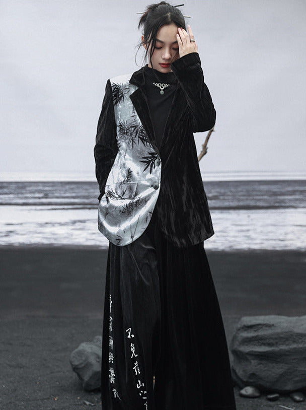 Veste imprimée chinoise en velours de bambou contrasté avec épissure de couleur
