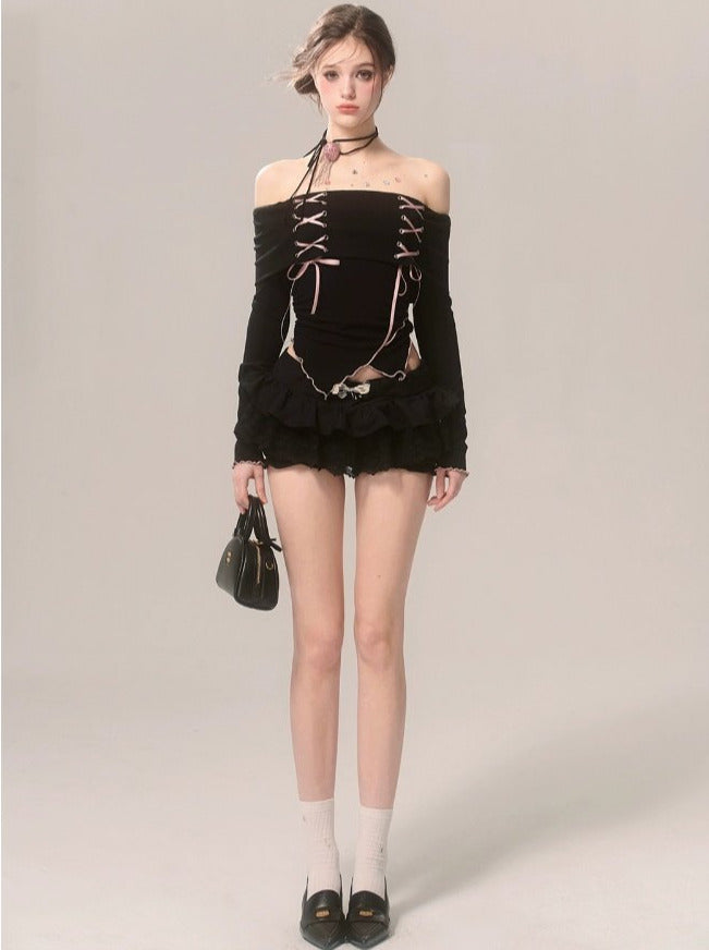 Strap Top Ribbon Off-the-shoulder Ruffle High-end