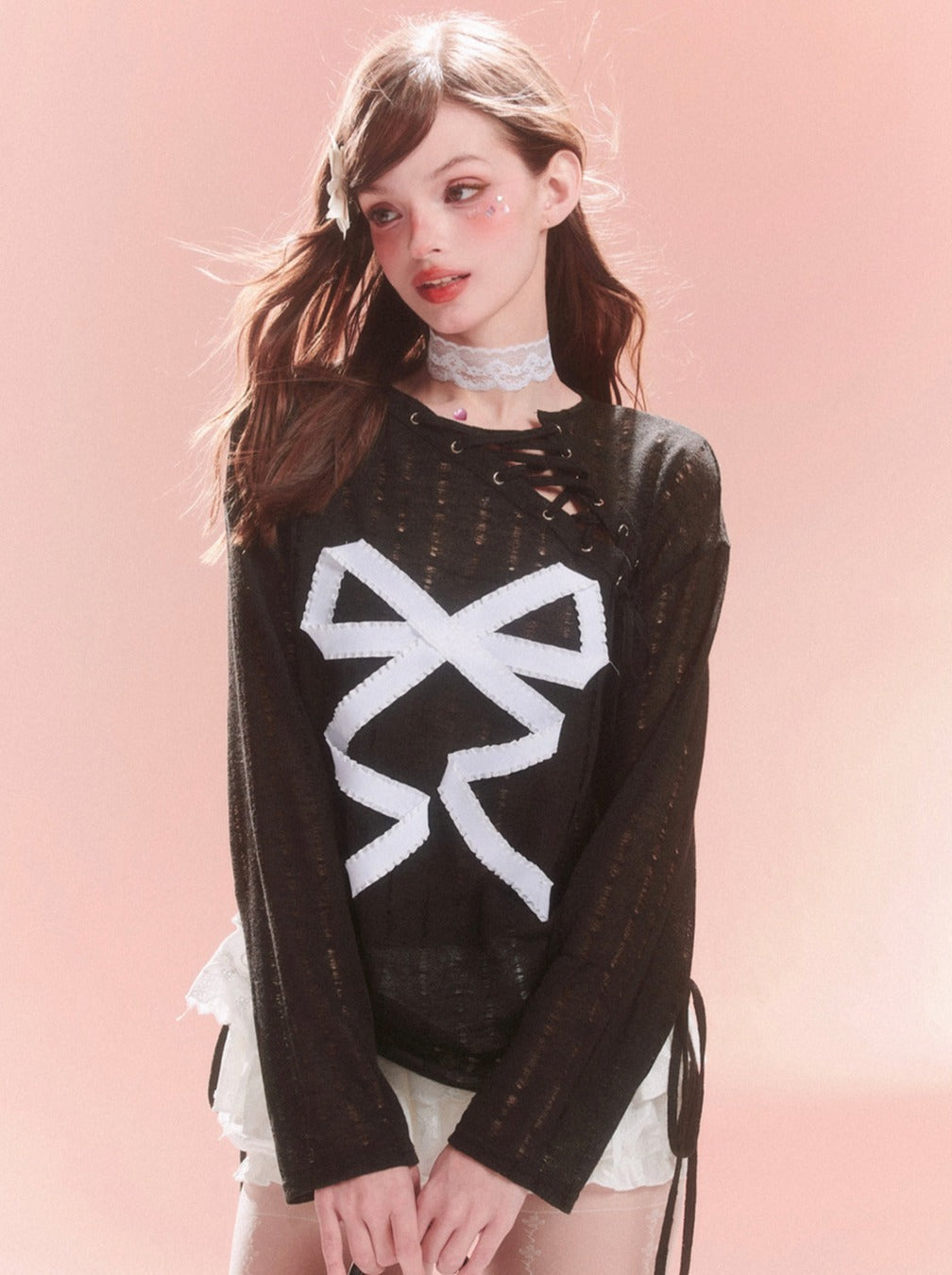Sheer Lace-up Design Ribbon Top Asymmetrical