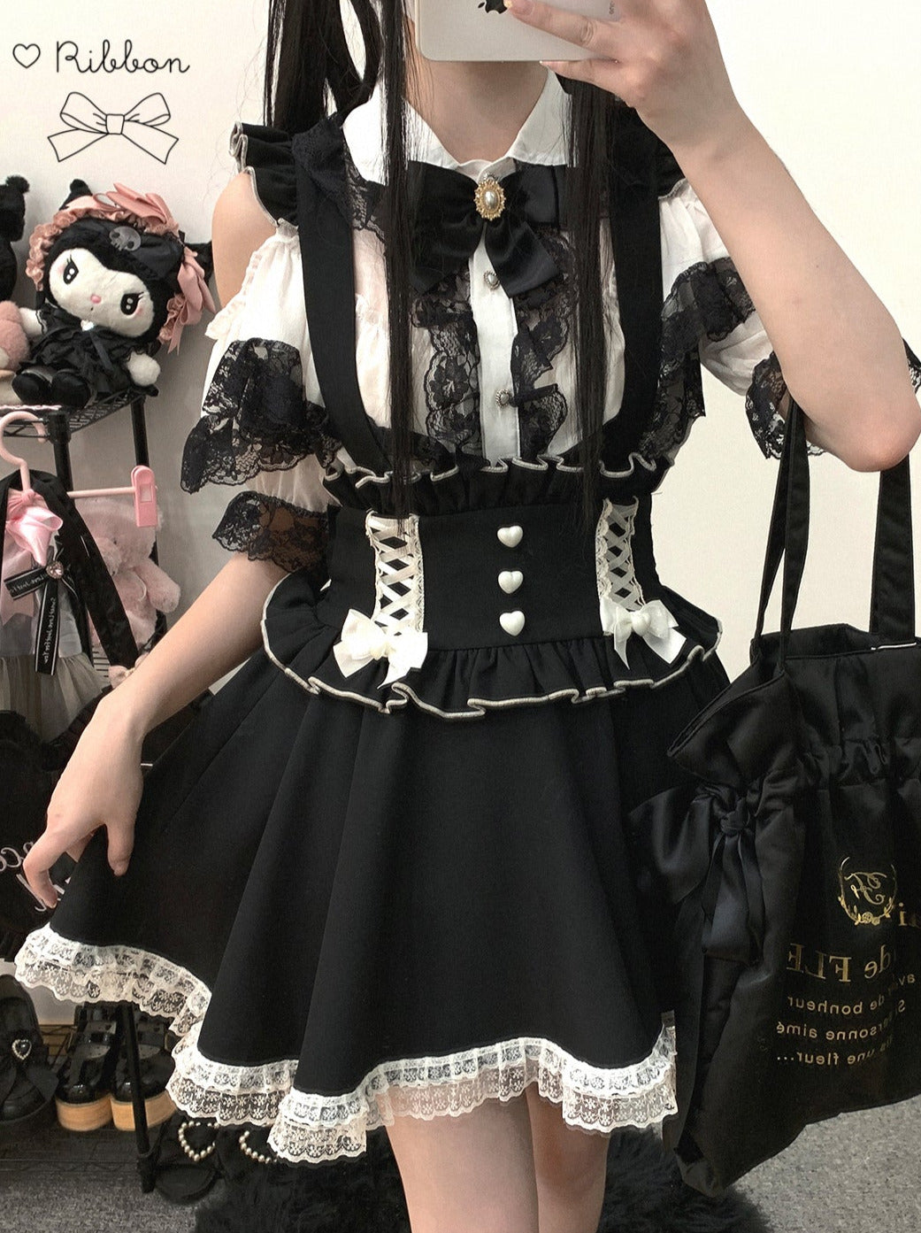 フリルショルダーストラップラブバックレーススカート