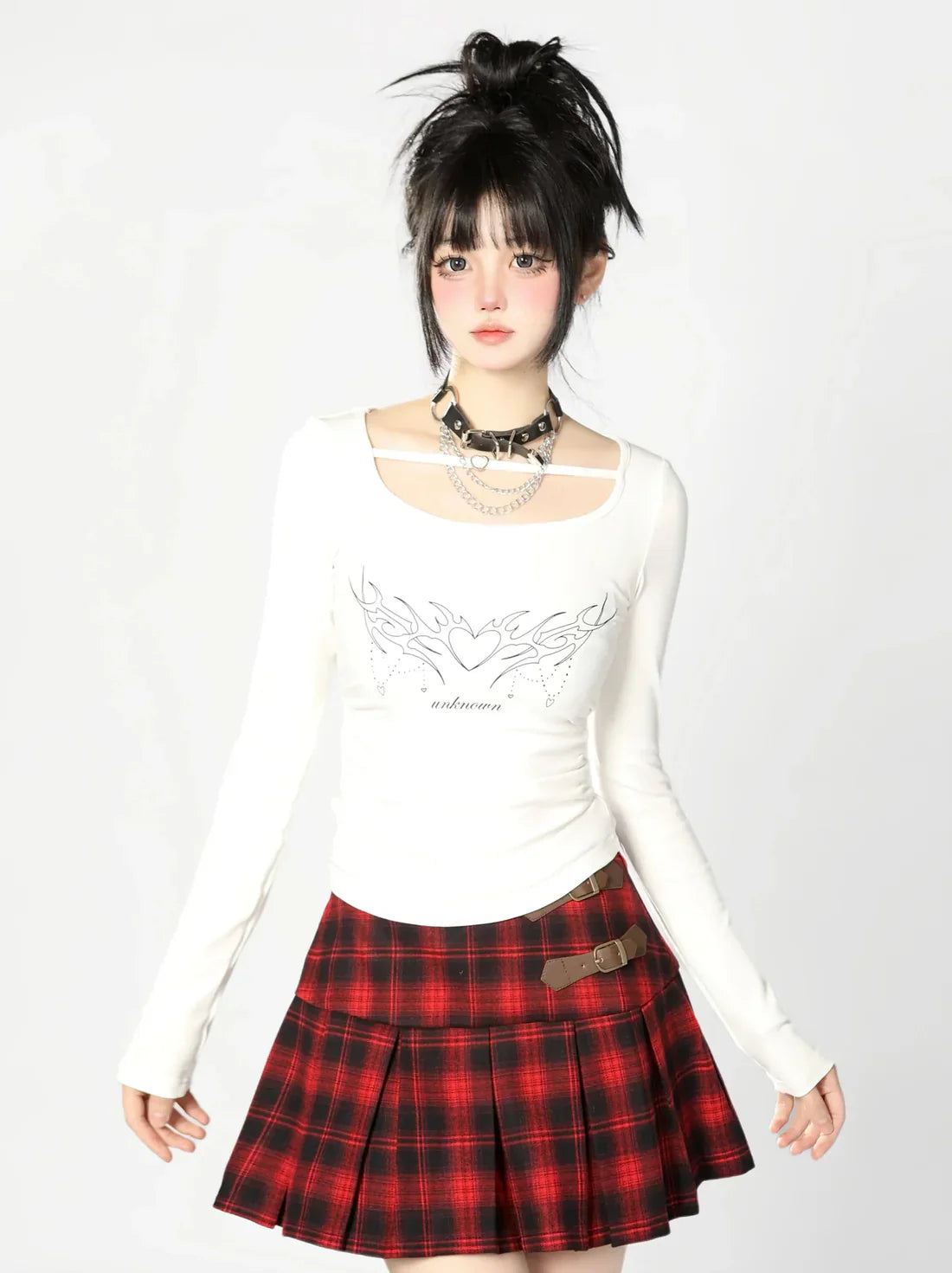 スカート パンク バックル チェック ダークレザー プリーツ