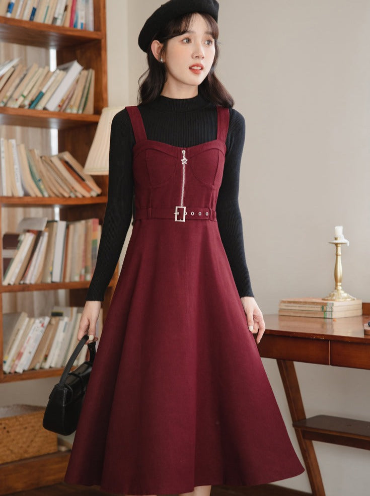 Slim Knit Retro Half + Suspender Turtleneck Skirt