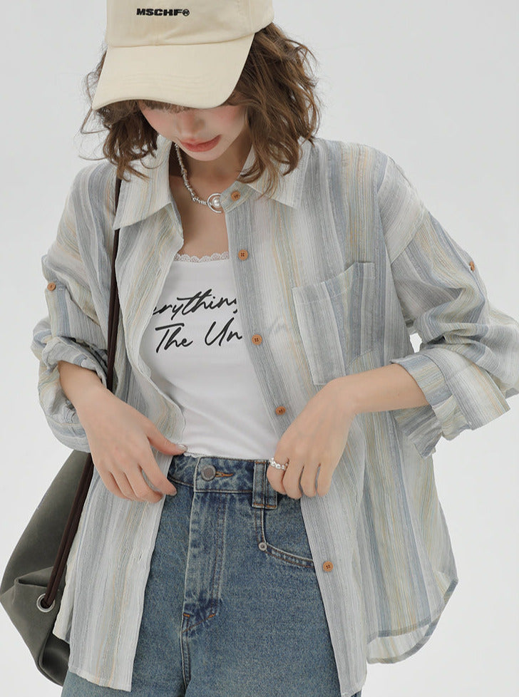 Striped Collar Shirt Loose Contrast