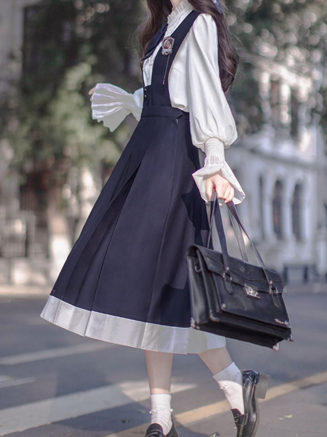 Dress Emblem + Tie + Blouse + Ruffle Retro College Beret Cyan Style Elegant Chiffon