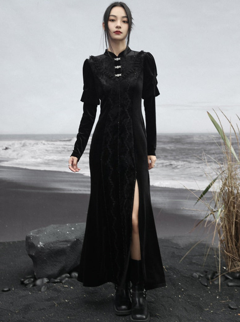 Skirt Retro Slit Long Dark Lace Splicing