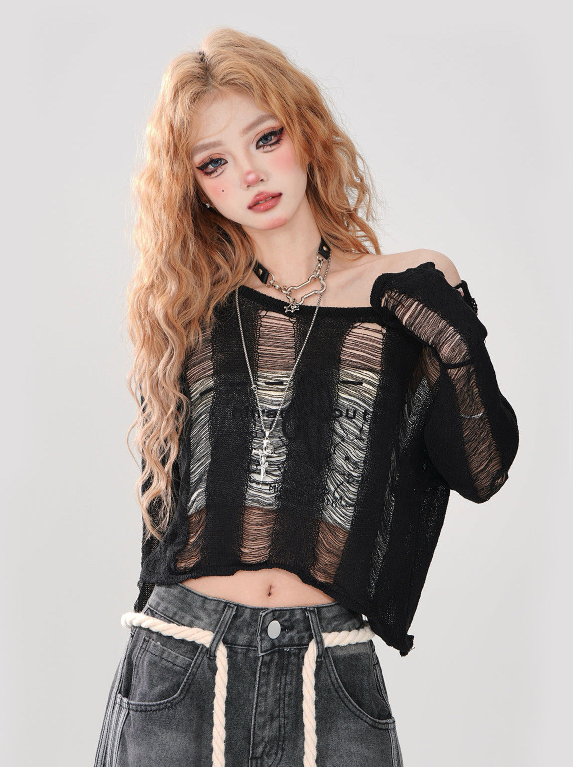 Short Top Ripped + Knit Off-Shoulder Lace-Up Top Back Tube