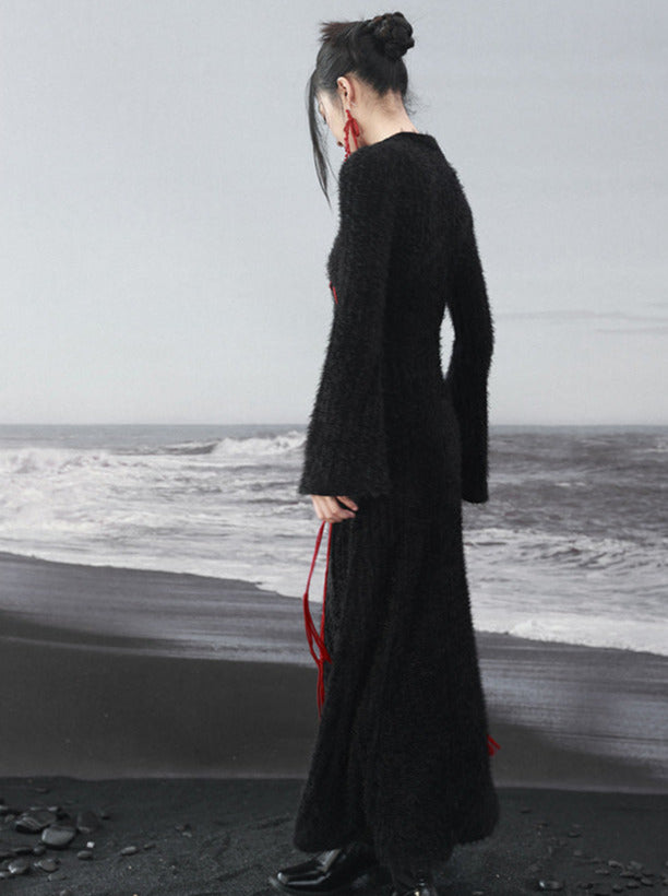 Contrast Dress Rose Irregular Red Knit Sleeve Dark Black Bell