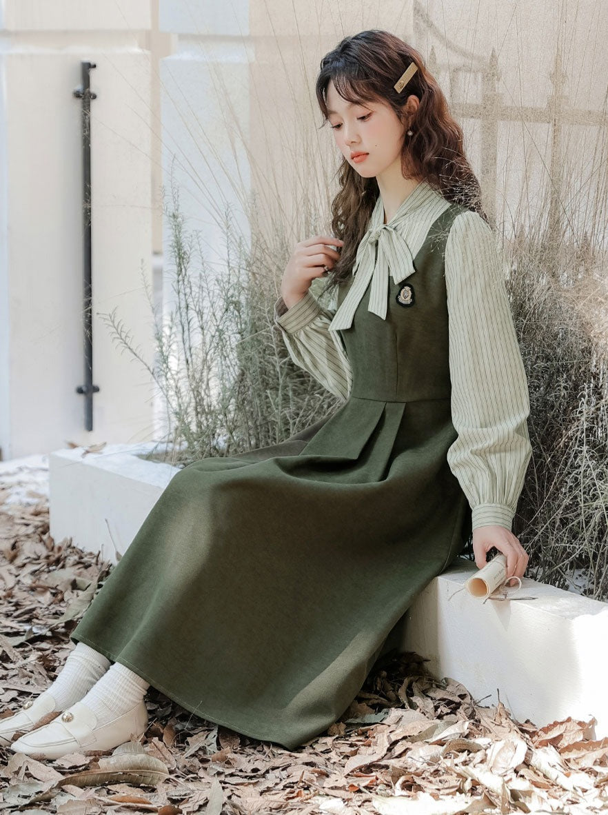 Striped Style Dress Splicing Faux College