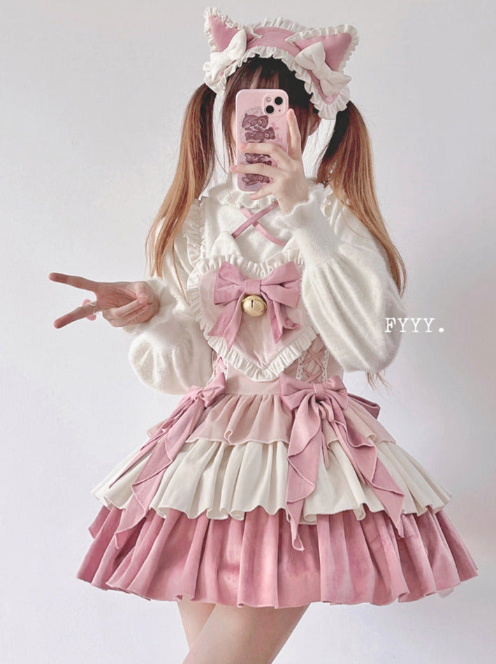 Suspender Dress Set Ear Velvet Tail Hairband Frill Puffy Cat Heart