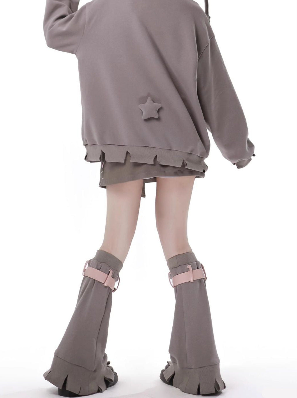 Star American Print Loose Zip Hoodie + Irregular Skirt + Leg Warmers