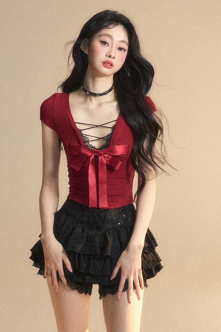Top Reservations Ribbon Trim Lace Chic Crop