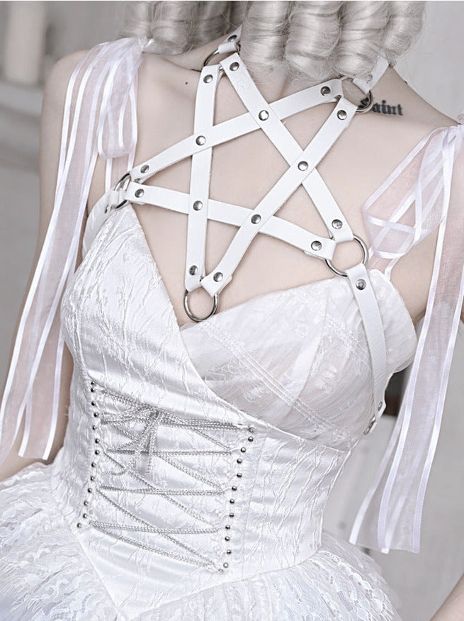 Mesh Schlafen Pentagramm Gothic Spitze Hosenträger Weiß Alice Dunkles Kleid