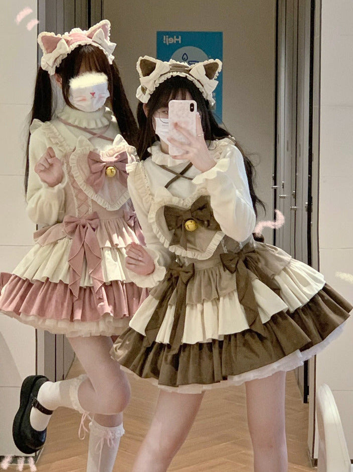 Suspender Dress Set Ear Velvet Tail Hairband Frill Puffy Cat Heart